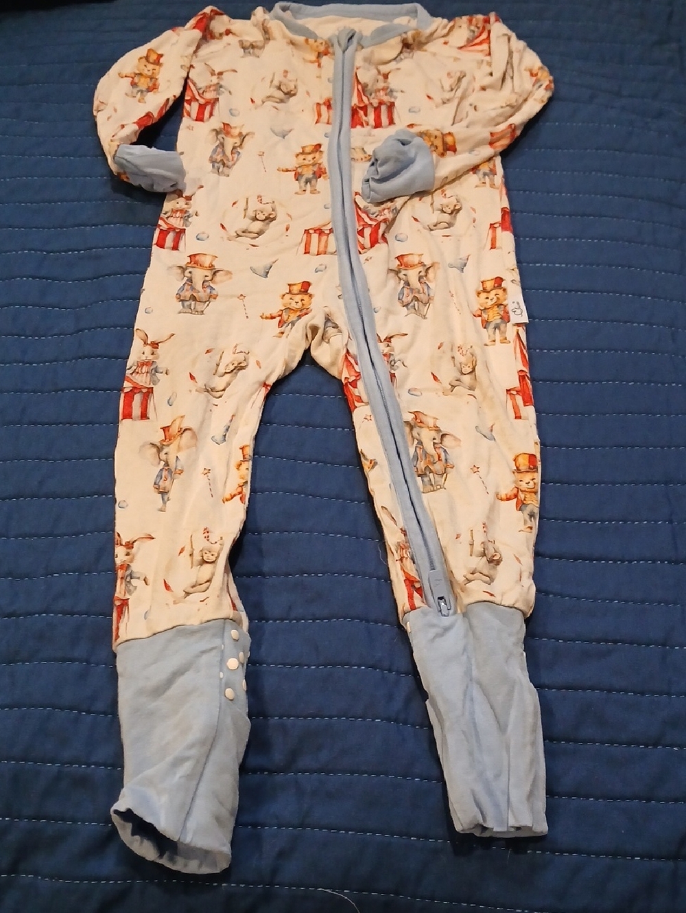 Eloise Bamboo Cream Circus-Print Baby Footies Foldover Feet And Mitts 2way Zip